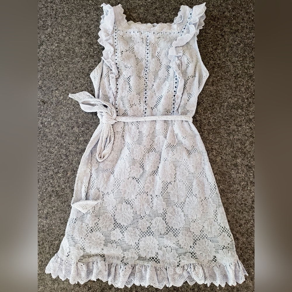 Simple Dusty Blue Lace Detail Tie Dress Medium